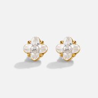 Golden Crystal Clover Stud Earrings, pair of clover-shaped clear crystal studs in gold